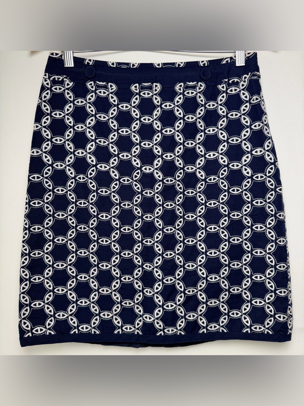 ANN TAYLOR Women's Skirt Pencil Zipper Side Embroidered Navy Blue Cotton Size 4